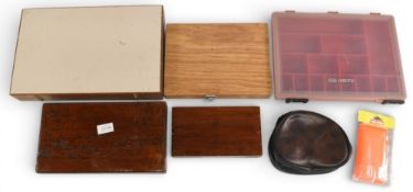 6x empty tackle and fly boxes, including a 3 layer fly reservoir, vintage wooden box with slotted