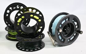 Greys GRX 9/11 alloy cassette salmon fly reel with 4x spare cassettes, 4 ¼” wide perforated spool
