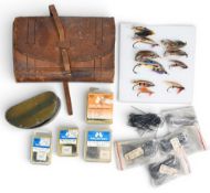 A collection of fishing accessories, as follows: 1x leather wallet 8” x 6”, in need of attention.