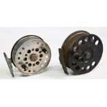 A large Facile brass and ebonite centre pin reel, 5” caged wide ventilated spool (missing one