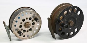 A large Facile brass and ebonite centre pin reel, 5” caged wide ventilated spool (missing one