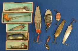 Collection of boxed and loose Abu lures, models include Record Pirk, Egon, Toby, Lil Oringen plus