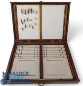 Homemade Fly-Tying wooden box, with foam inserts and a selection of salmon and sea trout flies