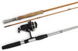 Unnamed split cane trout fly rod, 8ft 2pc (tip 6” short), alloy down locking reel seat, cloth bag.