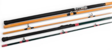 Sportex 12’ 3 piece fibreglass beach cast rod with lined guides, little used and an unnamed 11’ 2