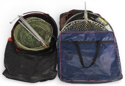 Collection of Fishing Landing Net Heads, and Keep nets, with noted makers of Leeda, Middy, Maver. In