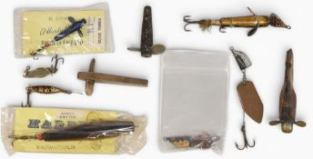 Collection of 10 vintage Hardy lures, including 2 x 1 ¼” Fly minnows, Patent leather tail minnow,