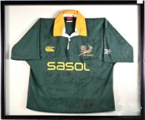 2000s S Africa Framed Signed Rugby Jersey: c.38” x 31” Black frame and mounted Springbok squad-