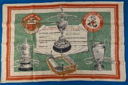 Manchester United Honours List linen Tea Towel c1964, made by Ulster Linen, League and Cup
