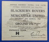TICKET: 1952 FAC semi-final Blackburn Rovers v Newcastle United at Hillsborough 29 March 1952