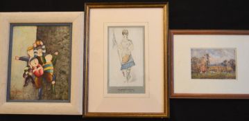 Old Framed Rugby Prints etc Set 2 (3): Trio of Rugby Art: a lively, bright mid-20th century European