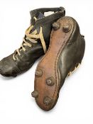 Vintage Black high-ankle 1930s Rugby Boots, Size 9: Real old-school, used, tough leather, hardened