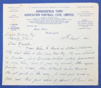 1941 Huddersfield Town Letterhead Correspondence from C Stephenson manager to David McClean of