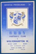 1953 Bury v Wolverhampton Wanderers Wolves under floodlights football programme 10th June 1953