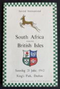 1962 British and I Lions in S Africa 2nd Test Rugby Programme: Neat, crisp compact Durban issue