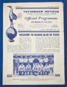 1953 Tottenham Hotspurs v Racing Club de Paris first under floodlights football programme 29th