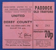 TICKET: 1975/76 Manchester United v Derby County Division 1 match ticket; good. (1)
