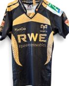 2009-10 Ospreys Lee Byrne Heineken Cup Match worn Rugby Jersey: With a tear to the rear collar (