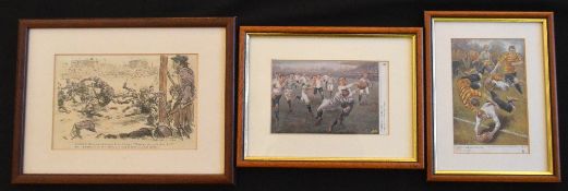 Old Framed Rugby Prints etc Set 1 (3): Small coloured, mounted, framed and glazed items, one a