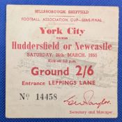 TICKET: 1955 FAC semi-final York City v Newcastle United at Hillsborough 29 March 1952 match ticket;