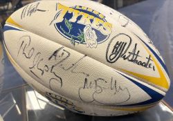 Early 2000s Leeds Tykes signed Rugby Ball mounted under Perspex: Splendid colourful customised Tykes