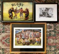 Humorous Trio of Rugby framed items (3): Quality coloured caricature ‘uglies-style’ large artwork,