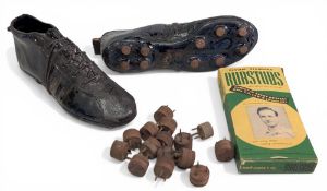 Period Ceramic Football Boots, a good-looking pair - 20cm long, plus a collection of leather