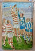 2020 Original Rugby Artwork, Lineout by C Mara: Large 26” x 18” wood-framed and carefully packed