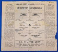 1944 War Time Football Programme, At Stoke City, The Army v FA XI, 11th March 1944 at Victoria