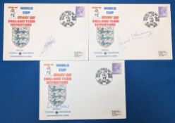 3x 1982 World Cup England Team signed Football FDC covers: Kevin Keegan, Laurie McMenemy, Ted Croker