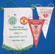 3 Manchester United pennants 2002 v Celtic Tom Boyd testimonial with 2 badges attached, v Witton