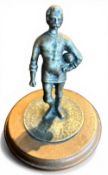 Pre-1900 Small Metal Rugby Player Statuette on Wooden Base: Approx 4” x 2.5”, miniature grey