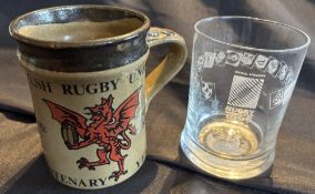 1980/1995 WRU Centenary Mug and RWC Engraved Tumbler (2): Cream and red mug with dates, WRU