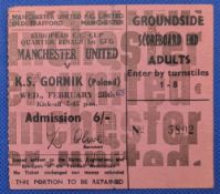 TICKET: 1967/68 Manchester United v KS Gornik European Cup quarter final match ticket; tiny ‘68’