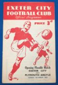 1953 Exeter v Plymouth Argyle Opening of Floodlights Football Programmes, 3rd March 1953 (staples