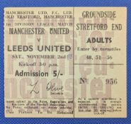 TICKET: 1968/69 Manchester United v Leeds United Division 1 match ticket; tiny ‘68’ penned in, o/
