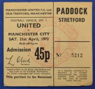 TICKET: 1972/73 Manchester United v Manchester City Division 1 match ticket; fair/good. (1)