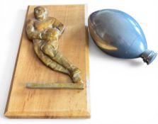 Vintage Rugby Pair, Wooden Player Plaque and Pewter Spirits Flask Ball (2): 8” x 4” solid wooden