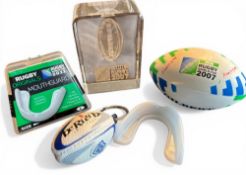 RWC Quartet of Rugby Novelties etc (4): 2007 RWC Miniature IRB Gilbert Ball and solid engraved glass