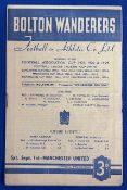 1951/52 Bolton Wanderers v Manchester United Division 1 match programme 1st September 1951; very
