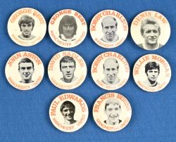 Manchester United early 1970s tin badges approx 30mm diameter Denis Law, Bobby Charlton, John Aston,