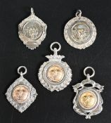 3x Silver Hallmarked Football Fob Medals: all c1930s Birmingham hallmarks, unengraved, plus 3 plated