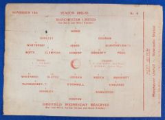1952/53 Manchester United reserves v Sheffield Wednesday reserves, single sheet, 15 November 1952,