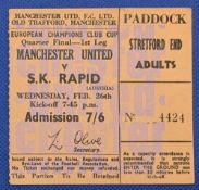 TICKET: 1968/69 Manchester United v Rapid Vienna European Cup match ticket 26 February 1969;