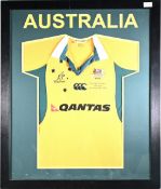 2005 Australia ‘Cut out’ framed Rugby Jersey v France: Black-wood framed and green cut-out