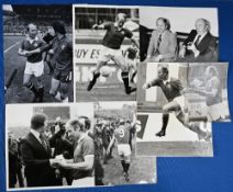 Set of b&w photographs Bobby Charlton with Matt Busby for his retirement notice; matchday photos