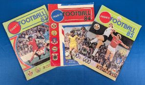 3x Panini Football Sticker Album Books 1983, 1984, and 1985, all part filled albums, 50+ filled in