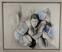 Modern French Rugby Artwork: Quality boxed canvas c.30” x 20”, head and shoulders action view of