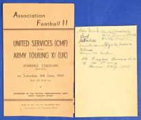 1945 United Services (CMF) v British Army Touring XI (UK) 4 page match programme at Vomero
