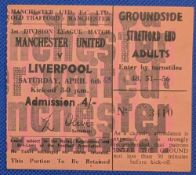 TICKET: 1967/68 Manchester United v Liverpool Division 1 match ticket 6 April 1968; fair/good. (1)